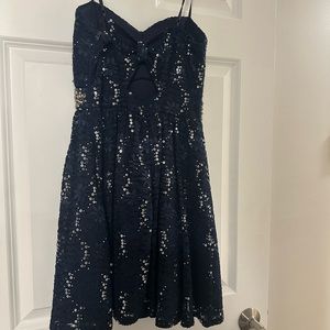Navy blue and silver glittery mini dress